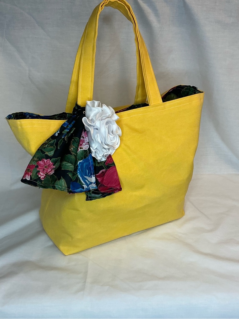 2034 - Handmade Sunny Yellow Canvas Tote with Floral Scarf and Rosette - Picture 3 of 16